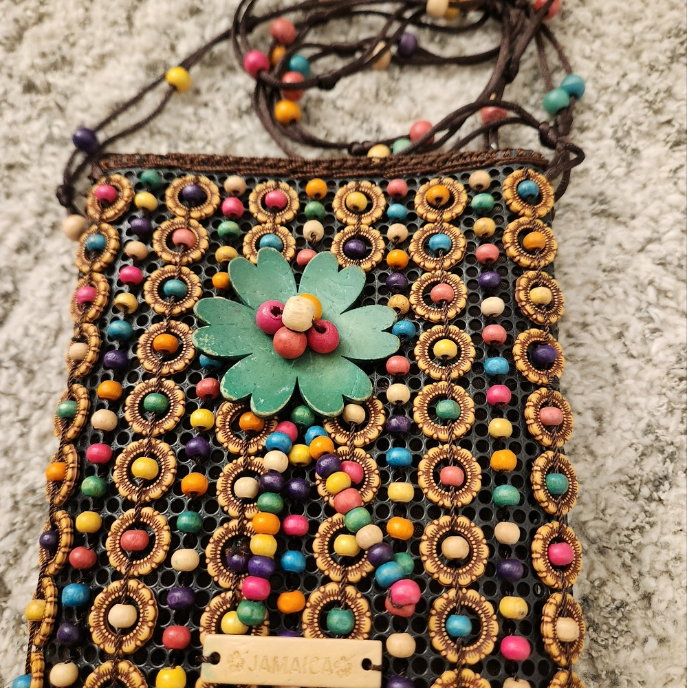 Handmade women Bright Multi Coloured Wooden Beaded Cross Body Mini Bag